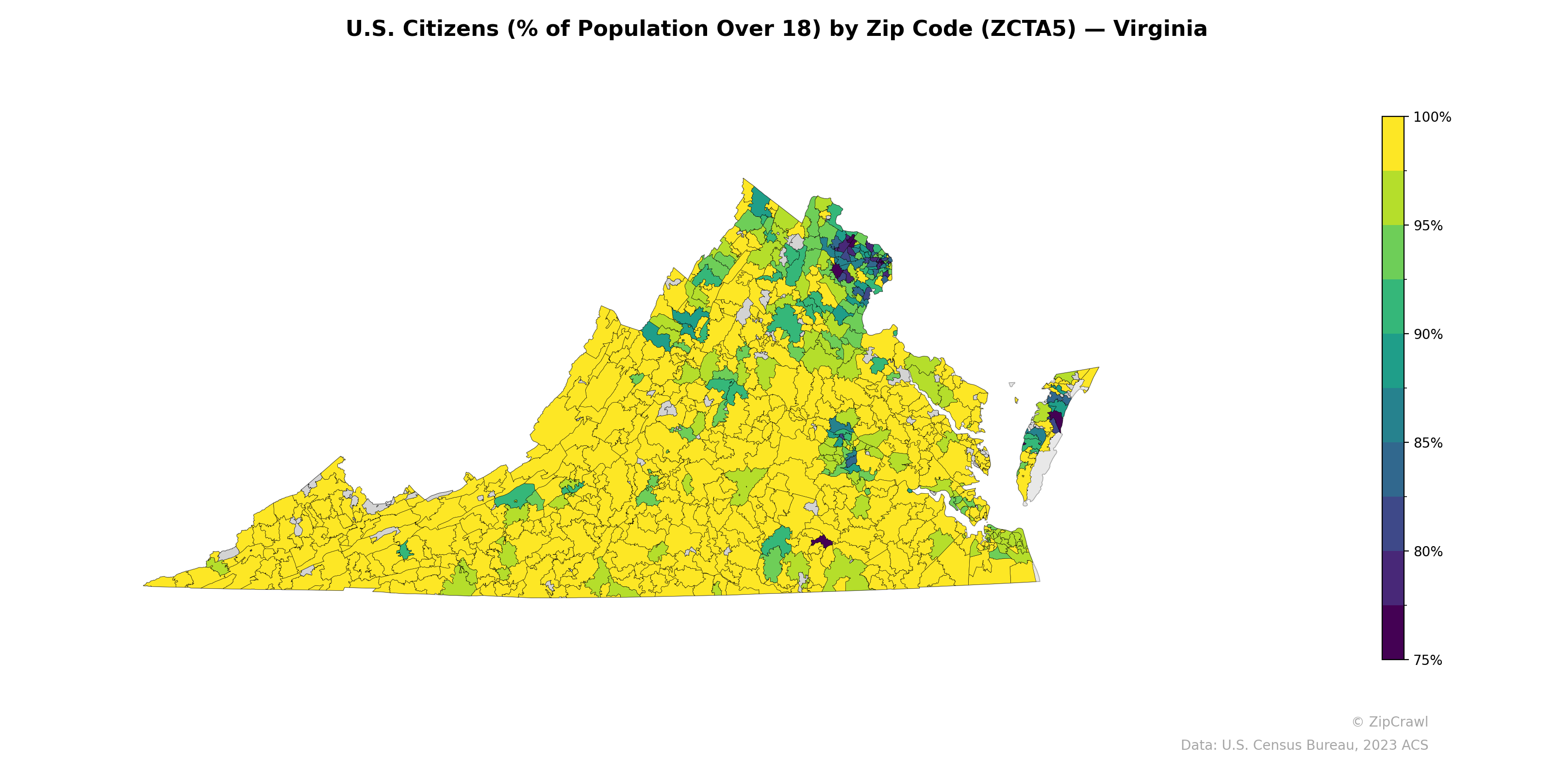 U.S. Citizens (% of Population Over 18) by Zip Code (ZCTA5) — Virginia
