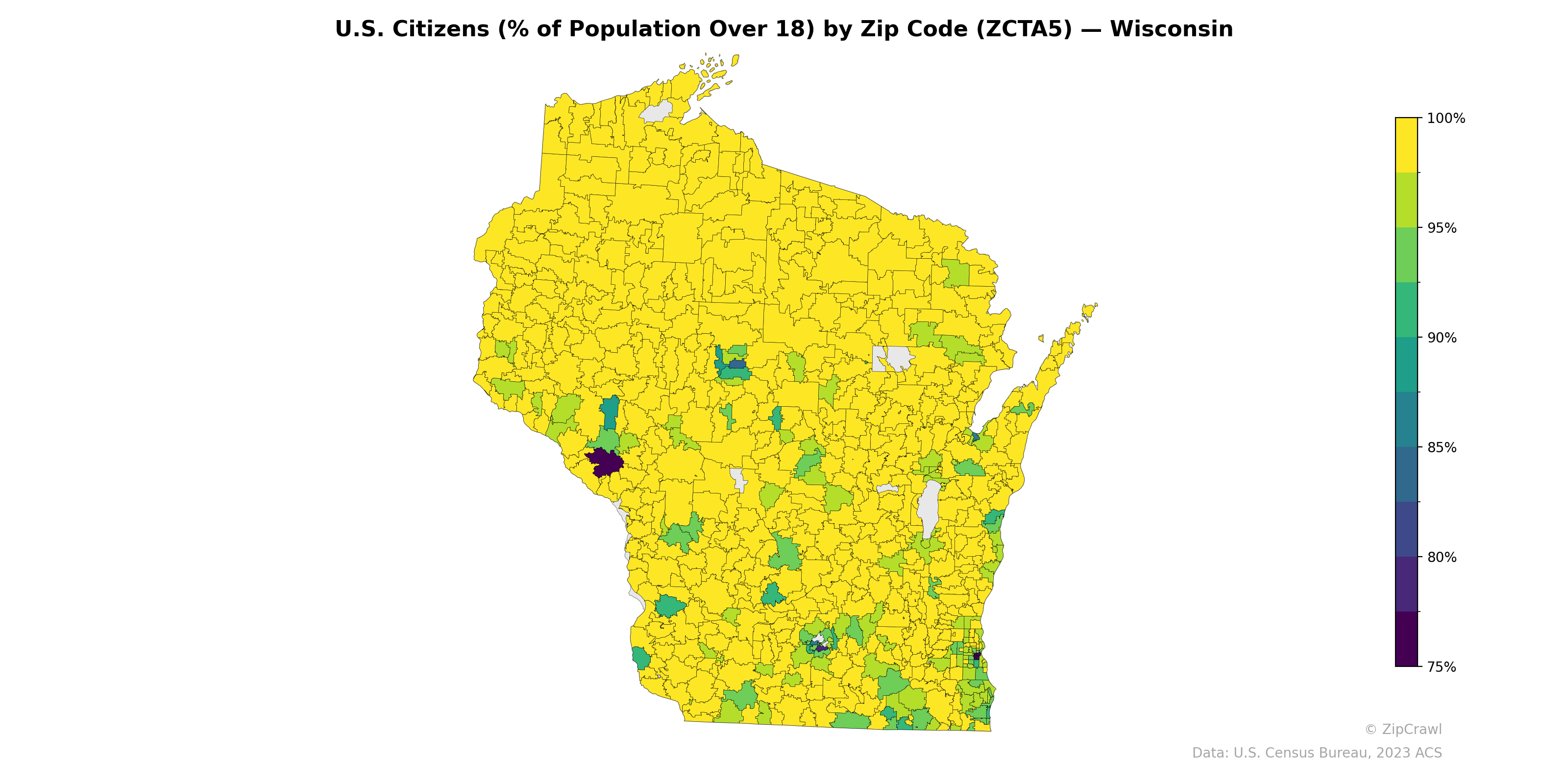 U.S. Citizens (% of Population Over 18) by Zip Code (ZCTA5) — Wisconsin